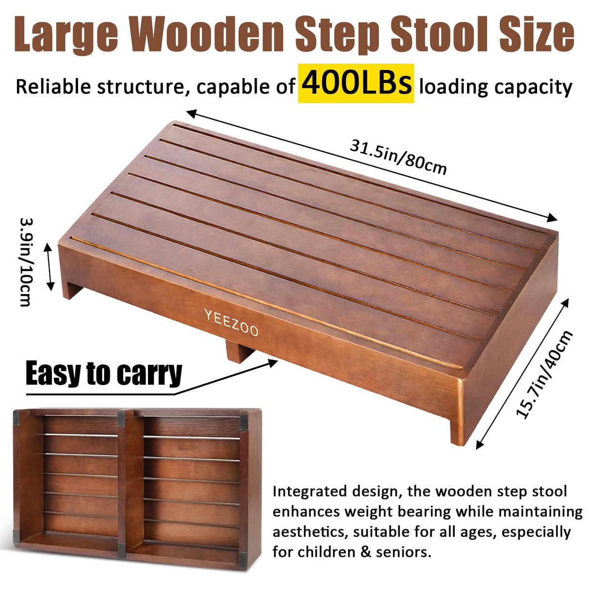 Wooden one Step Stool- Solid Pine Wood Step Riser with Non-Slip Pads, Wood Step Stool for Elderly Adults, high Bed, Bathroom, Kitchen (31.5" L*15.7" W*3.9" H, Brown, 400LBs Capacity) yeezoo
