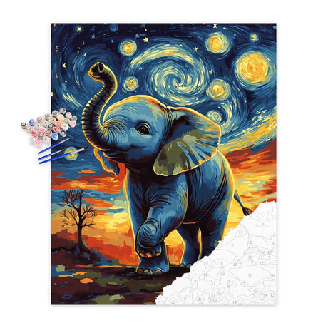 Paint by Number Animal, Elephant Paint by Numbers Kit for Adults, Starry Night Animal Painting, Little Elephant in The Twilight Poster, Home Wall Decor(16x20inch, No Frame) zouewit