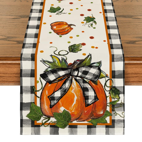 Artoid Mode Pumpkin Bow Buffalo Plaid Fall Table Runner,Seasonal Autumn Kitchen Dining Table Decoration for Home Party Decor 13x72 Inch Artoid Mode