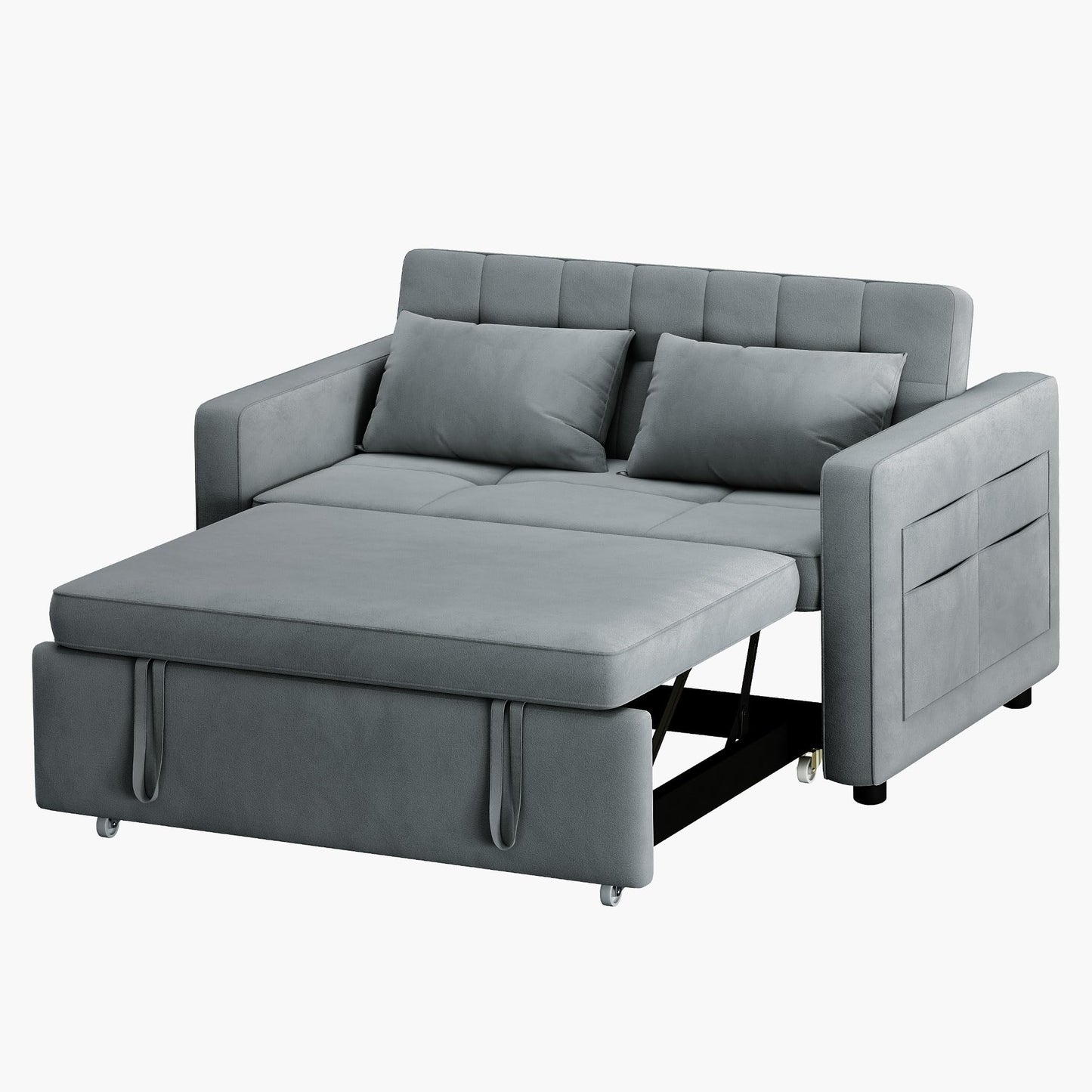 DWVO 55" Convertible Sofa Bed, 3-in-1 Sleeper Sofa with Pull-Out Bed, Velvet Futon Couch with Adjustable Backrest and Side Pocket, Modern Loveseat for Living Room Apartment, Grey, Full Size