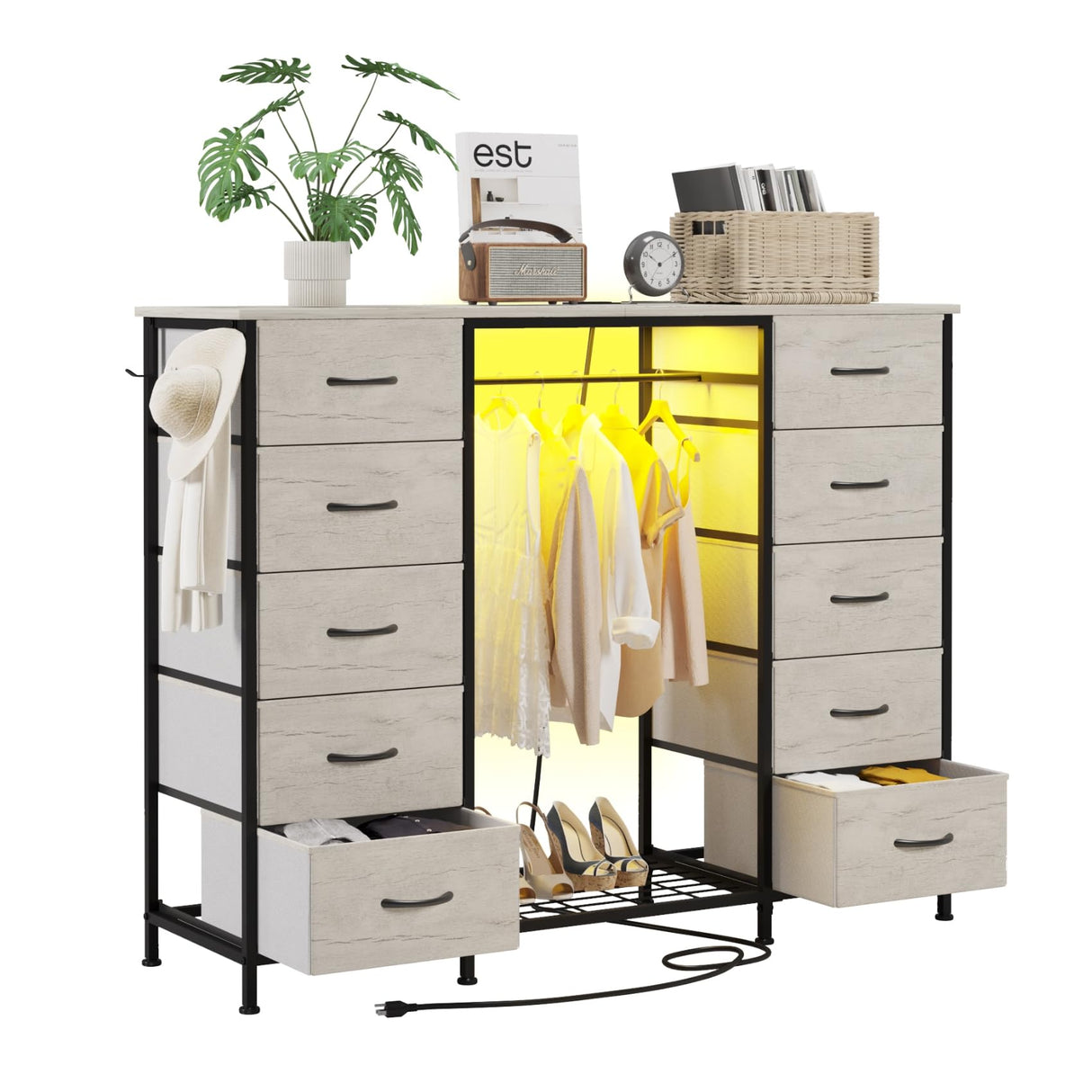 LUMTOK 55W 2-in-1 Dresser with Hanging Rack, 10 Drawers Dresser for Bedroom,Dressers with Fabric Drawers,LED Lights, Charging Station and Hanging Racks for Bedroom (Greige) LUMTOK