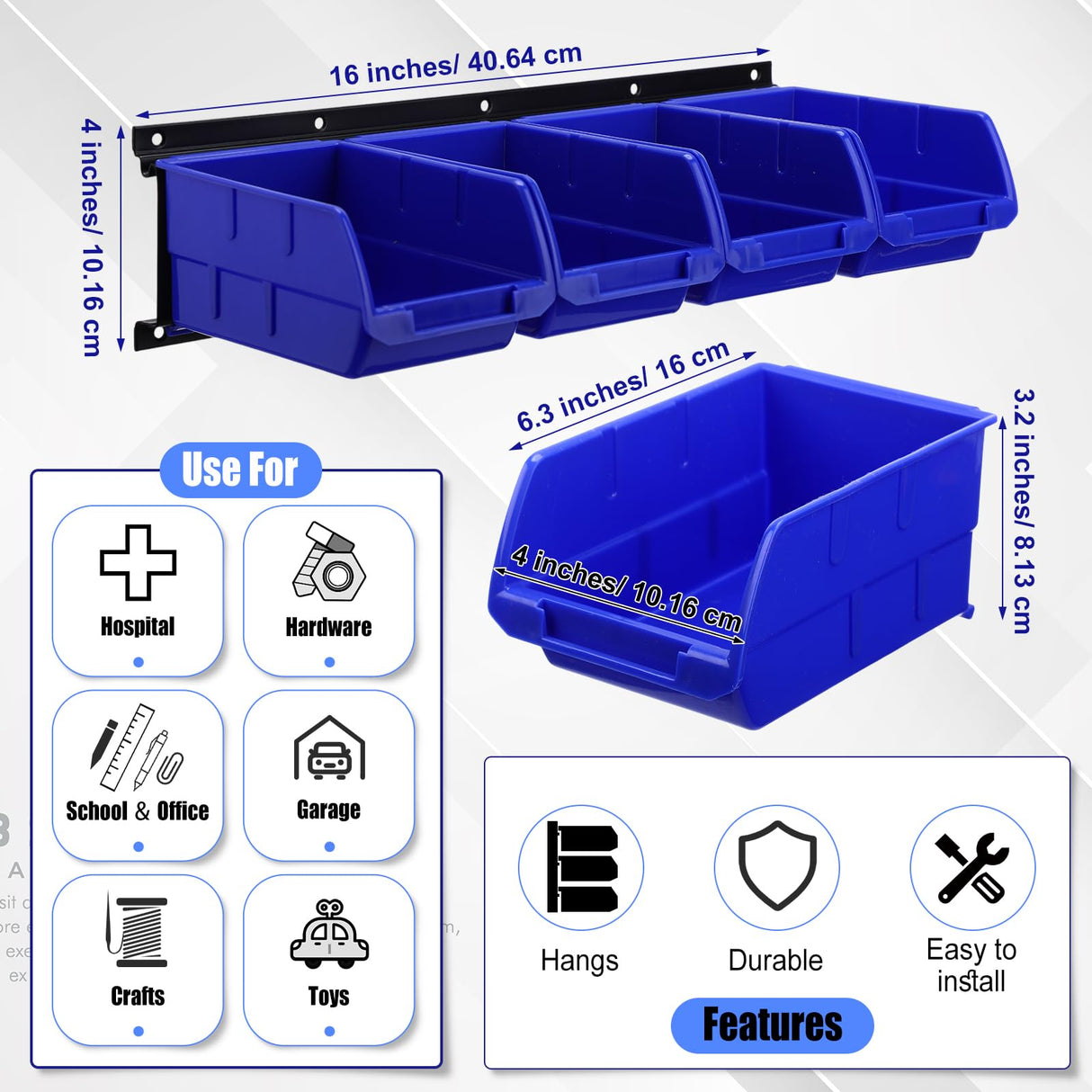 Maitys Wall Mounted Storage Bins Plastic Hanging Stackable Storage Parts Garage Tool Organizer for Screws, Nuts, Bolts, Nails, and Small Hardware Parts, 16x Bins & 4 x Rails(Blue) Maitys