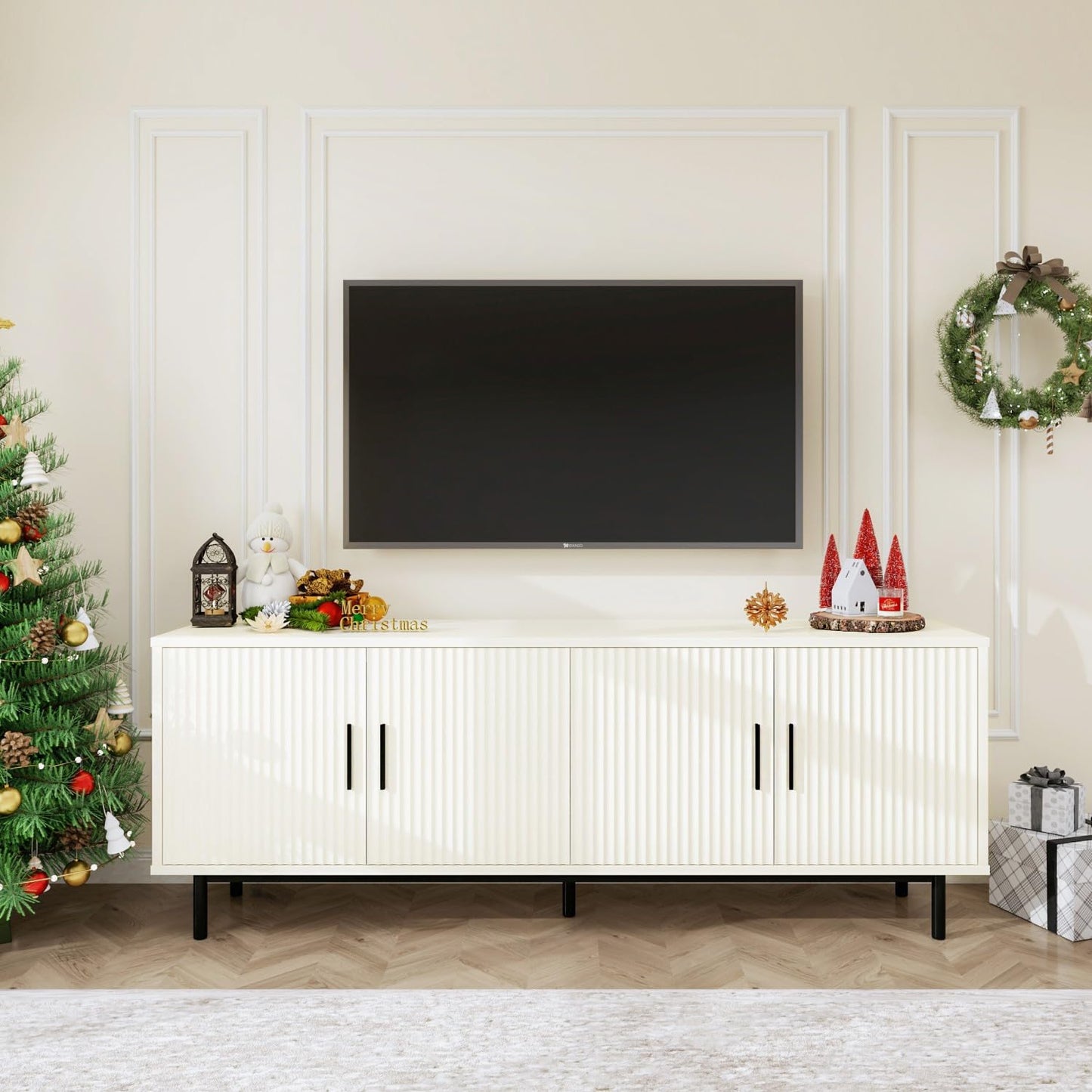 MUUEGM 70" Fluted TV Stand, Mid Century Modern Television Stands for Living Room, Wood TV Console for Televisions Up to 80 Inches, Entertainment Center with Storage, Adjustable Shelf, White TV Stands