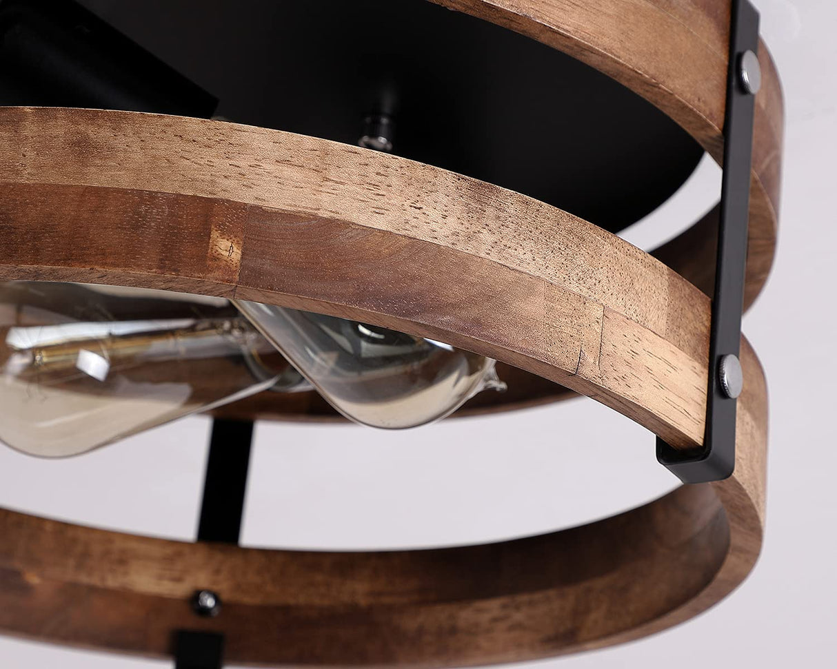 2-Light Rustic Flush Mount Light Fixture Oak Wood Round Drum Semi Flush Mount Ceiling Light for Hallway Bedroom Kitchen Entryway Farmhouse, Black Fivess Lighting