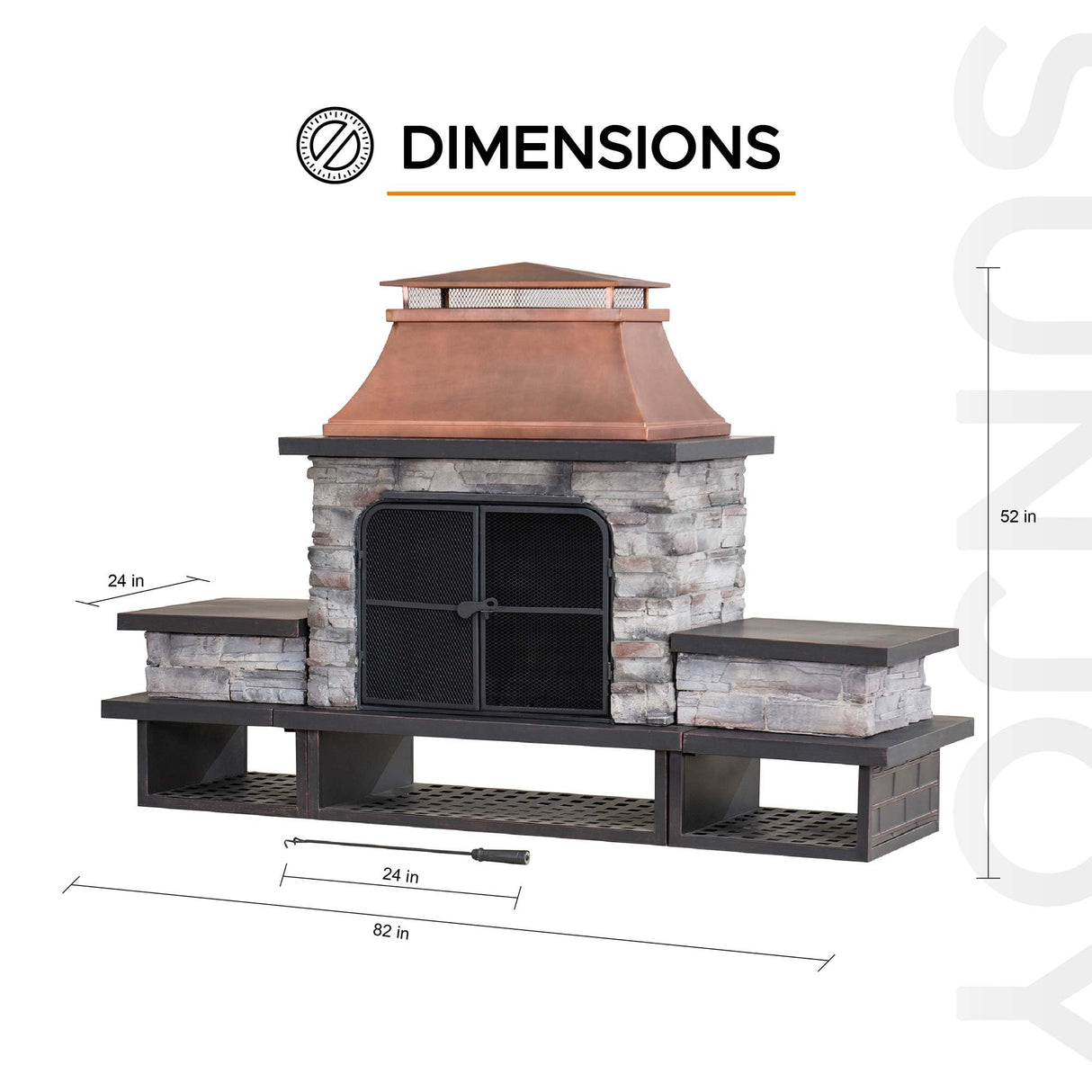 Sunjoy Outdoor Fireplace, Patio Wood Burning Fireplace with Steel Chimney, Mesh Spark Screen Doors, Fire Poker, and Removable Grate, Copper and Black Sunjoy