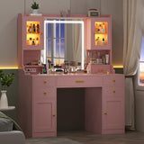 Vanity Desk with Mirror and Lights, Makeup Vanity Table with Power Outlet, Dressing Vanity Table Set with 6 Drawers & 4 Cabinets, 3 Color Modes & Brightness Adjusted, for Bedroom Room, Pink Aiguazi