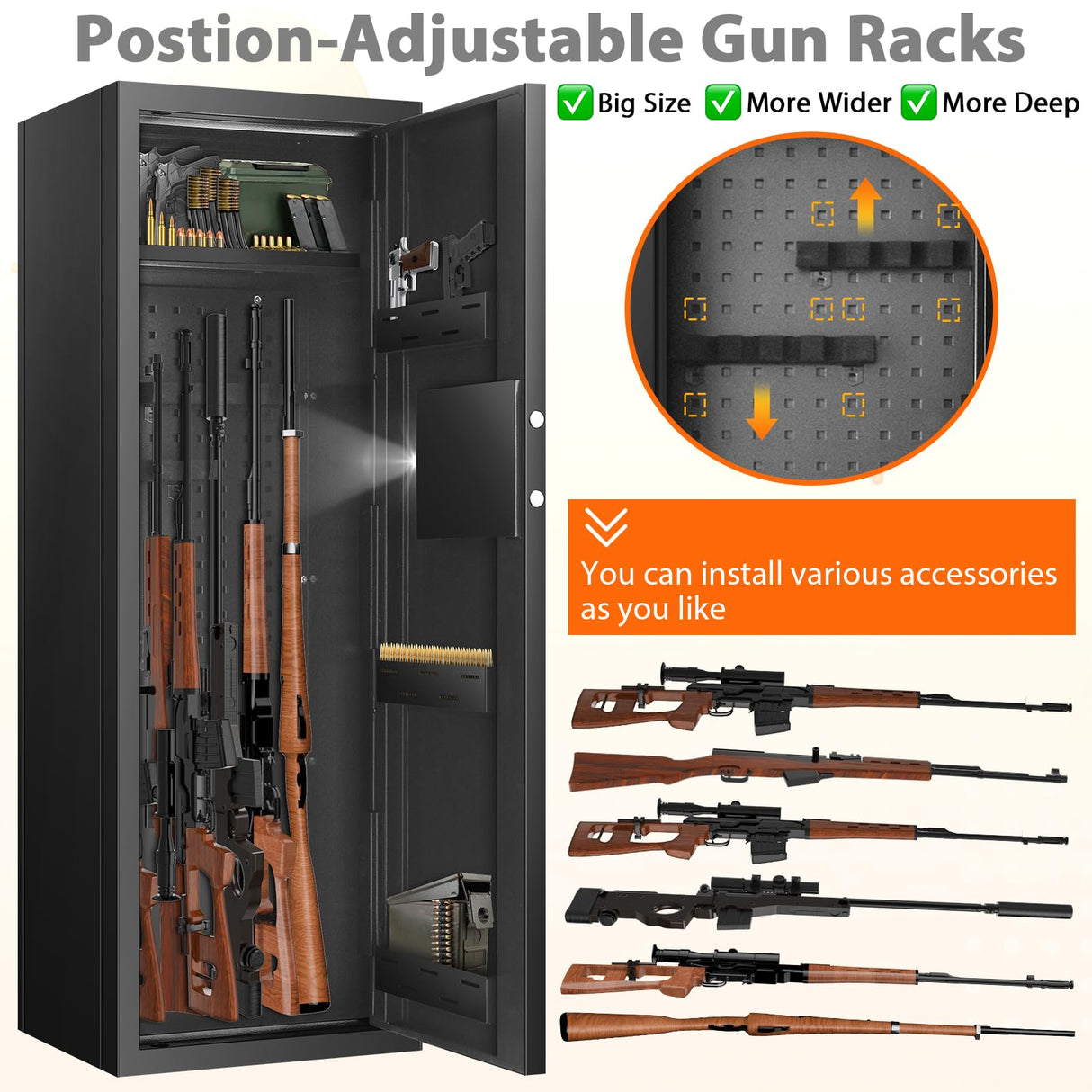 Nebakne [𝟐𝟎𝟐4𝐍𝐄𝐖] 51" 8 Fireproof Rifle Safe for Home USE, 70Lb Gun Safes for Home Rifles and Pistols, Anti-Theft Gun Safes for Rifles and Shotguns with 2 Adjustable Rifle Rack & Silent Mode Nebakne