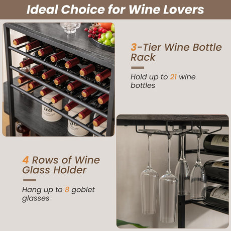 COSTWAY Rustic Grey 3-Tier Wine Bar Cabinet with Charging Station and Ample Storage COSTWAY