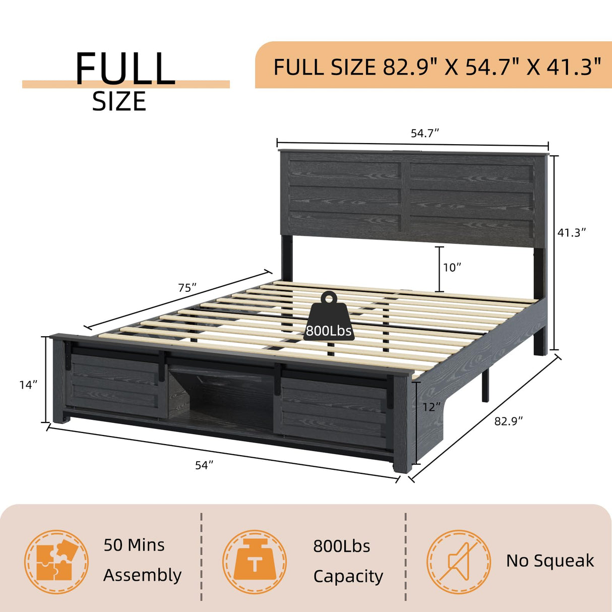 Full Bed Frame with Storage Headboard, Metal Platform Bed Frame with 3 Storage Compartments, Built-in Charging Station and LED Lights, No Box Spring Required, Noiseless, Easy Assembly，Antique Black QNICE