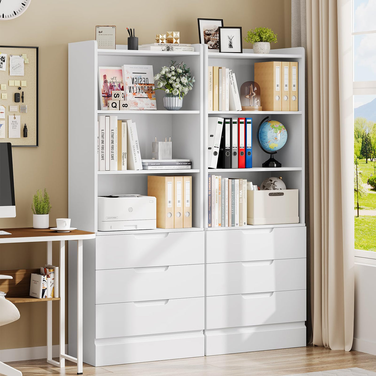 Hasuit Tall Bookshelf with Drawers Bookcase with 3 Drawers and 3-Tier Open Shelves Tall White bookshelf with Anti-Tipping Kits Wood bookshelf with Storage for Study Living Room Kitchen Bathroom, White Hasuit