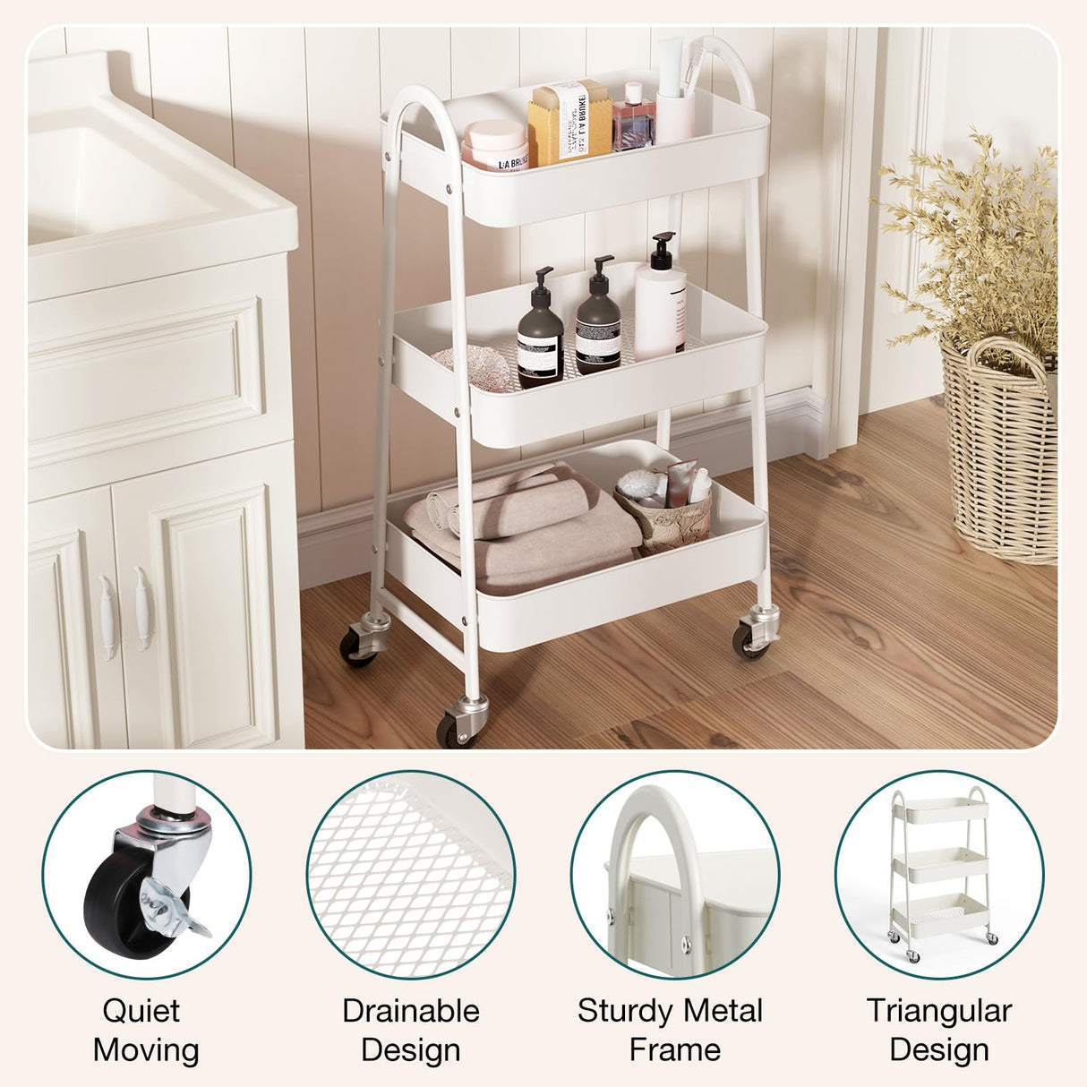 SMUG 3 Tier Rolling Cart - Metal Utility Carts on Lockable Caster Wheels, Mobile Storage Shelves Organizer for Livingroom, Bathroom, Kitchen, Bedroom & Narrow Places, White SMUG