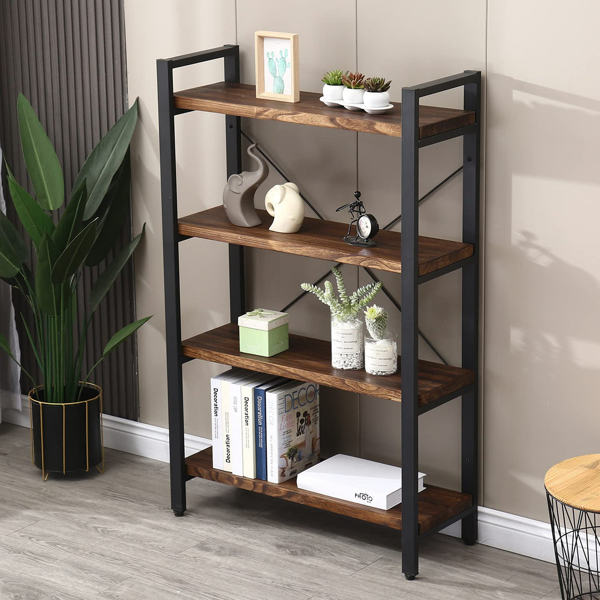 Rustic Vintage Industrial 4-Tier Solid Wood and Metal Bookshelf by WH-AOERPUMY WH-AOERPUMY