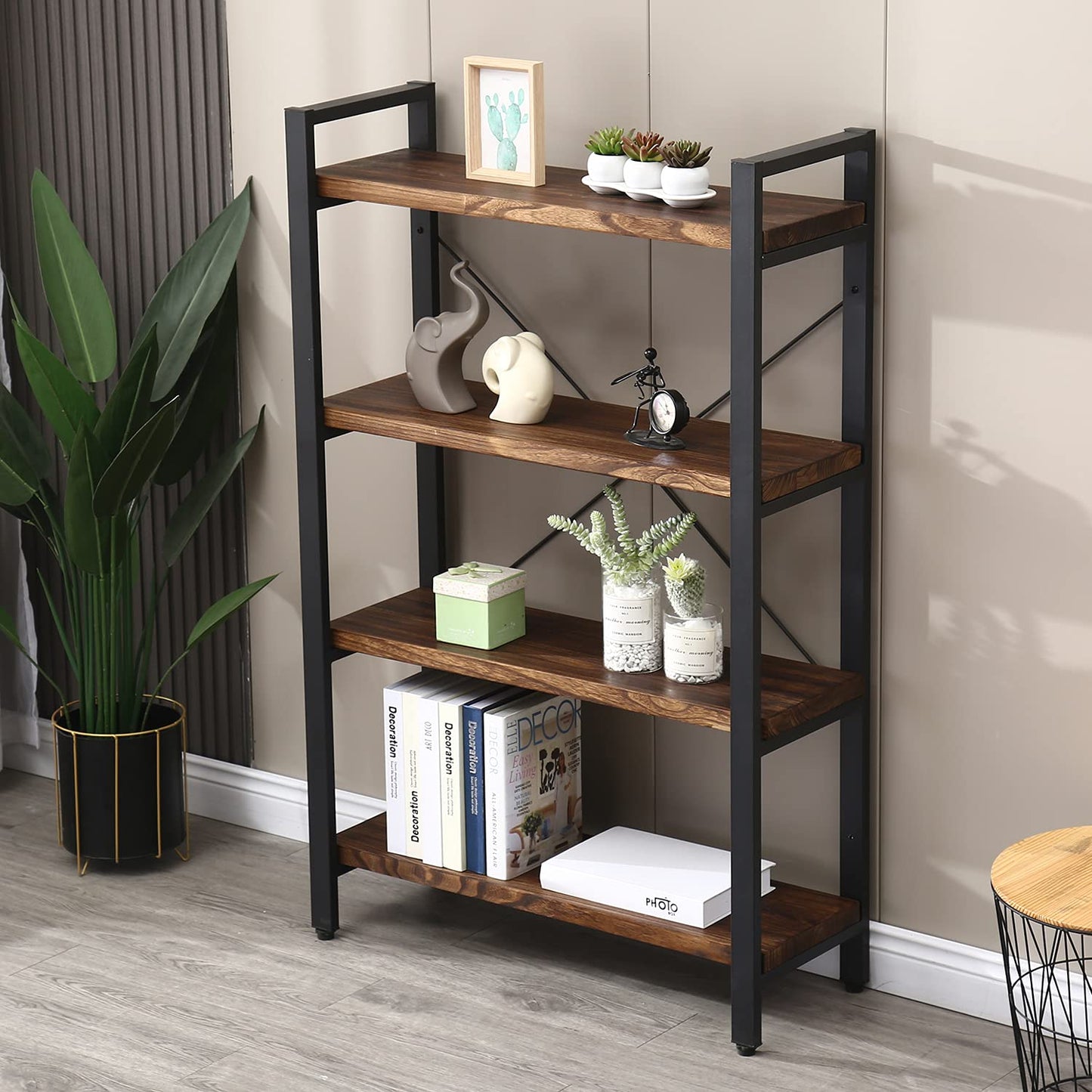 Rustic Vintage Industrial 4-Tier Solid Wood and Metal Bookshelf by WH-AOERPUMY - WoodArtSupply