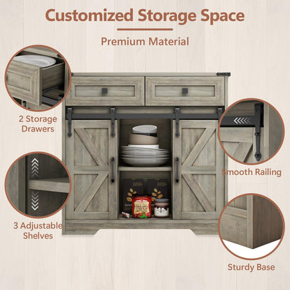 Vabches Farmhouse Storage Cabinet with Sliding Barn Doors and Drawers, Grey Freestanding Kitchen Pantry Cabinet, Floor Storage Cabinet for Bathroom, Living Room, Adjustable Shelves, Ample Spa - WoodArtSupply