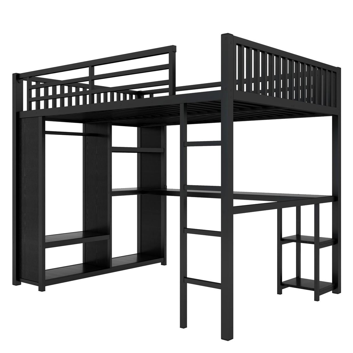 HZSMHDZKJ Queen Size Modern Loft Bed with Desk, Storage Shelves and Wardrobe, Metal Loft Bed Frame with Ladder and Full-Length Guardrail for Kids Teens Adults, No Box Spring Needed (Black-03, Queen) HZSMHDZKJ