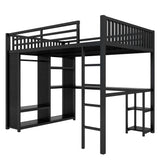 HZSMHDZKJ Queen Size Modern Loft Bed with Desk, Storage Shelves and Wardrobe, Metal Loft Bed Frame with Ladder and Full-Length Guardrail for Kids Teens Adults, No Box Spring Needed (Black-03, Queen) HZSMHDZKJ