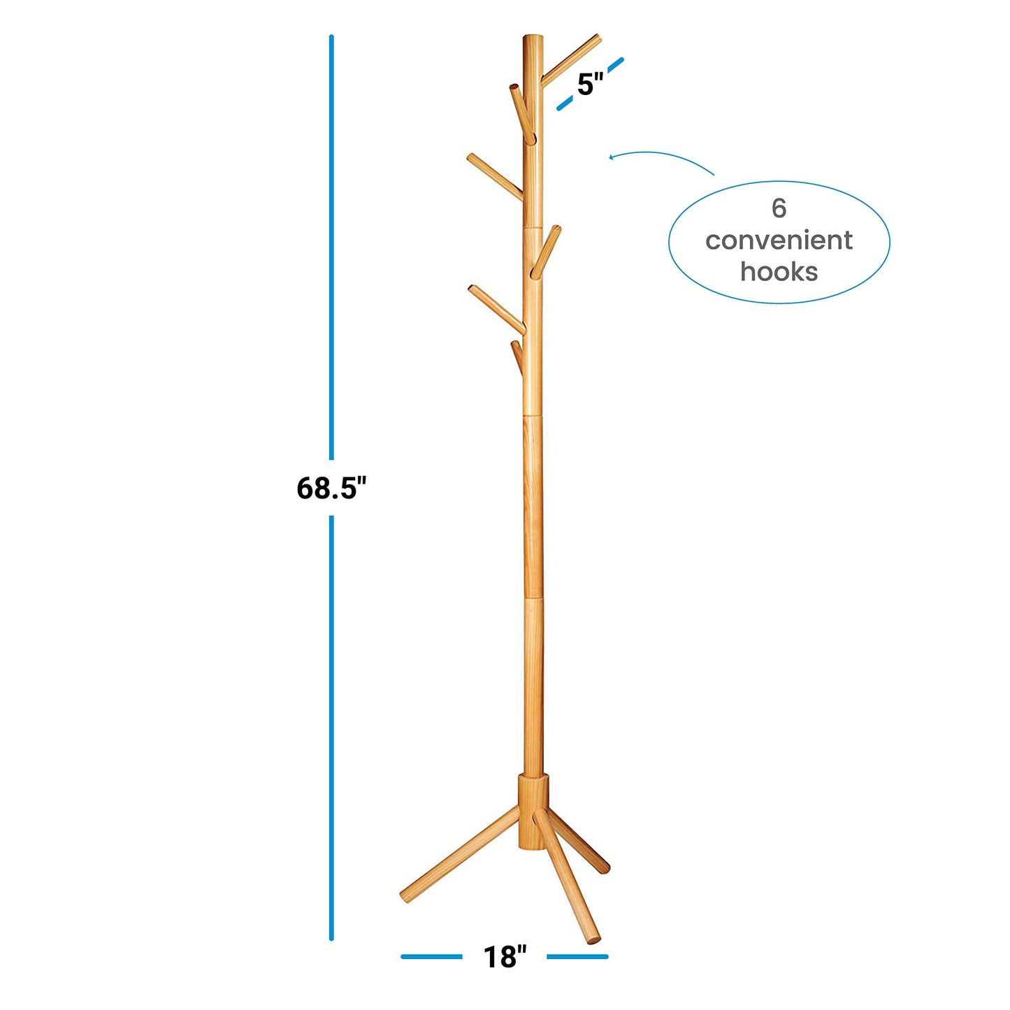 ZOBER Coat Rack Free Standing - Wooden Coat Tree W/ 6 Hooks - Coats, Purses, Hats - Adjustable Sizes, Easy Assembly - Natural - WoodArtSupply