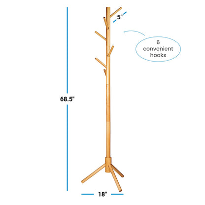 ZOBER Coat Rack Free Standing - Wooden Coat Tree W/ 6 Hooks - Coats, Purses, Hats - Adjustable Sizes, Easy Assembly - Natural - WoodArtSupply