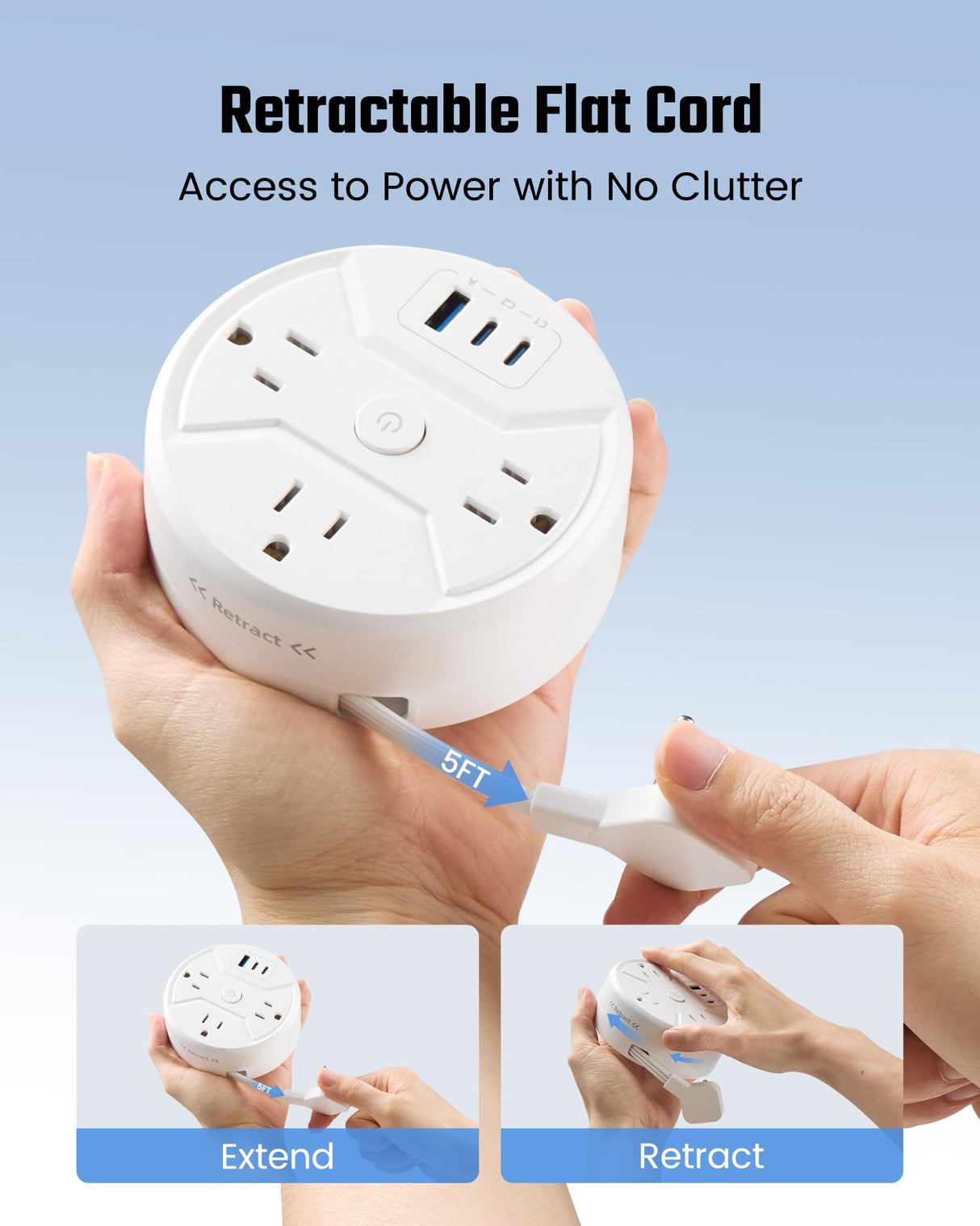 PD 20W C Travel Power Strip, SUPERDANNY 5ft Retractable Extension Cord Fast Charging Station, Portable 3-AC & 3-USB Flat Plug Extension Cord for Home Office, Business Travel, Trip, Cruise, White SUPERDANNY