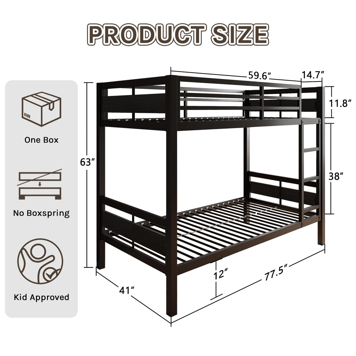 nesture. Bunk Bed Twin Over Twin, Heavy Duty Metal Bunkbeds with Full-Length Guardrail, Space-Saving Steel Bed for Kids & Adults, No Box Spring Required, Black nesture.