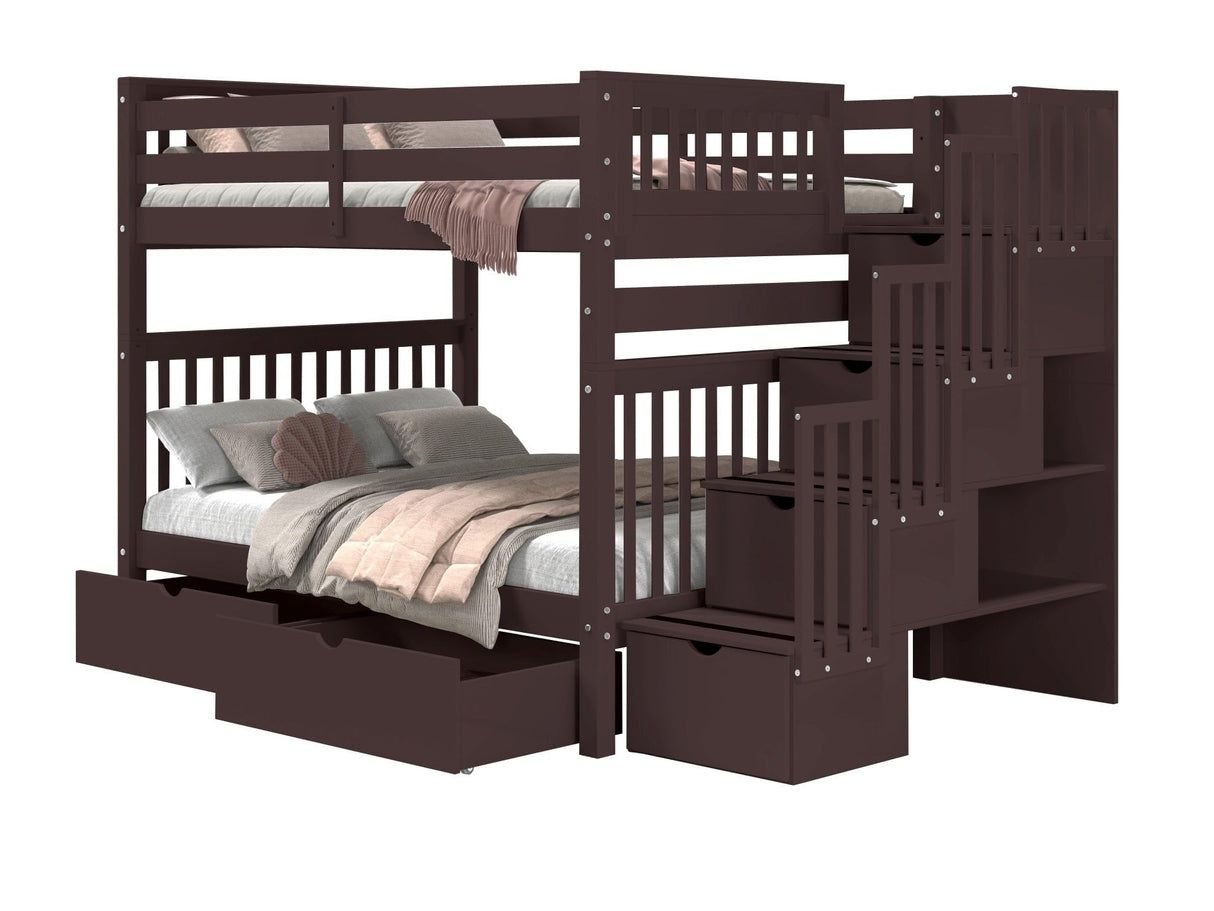Bedz King Stairway Bunk Beds Full Over Full with 4 Drawers in The Steps and 2 Under Bed Drawers, Dark Cherry Bedz King
