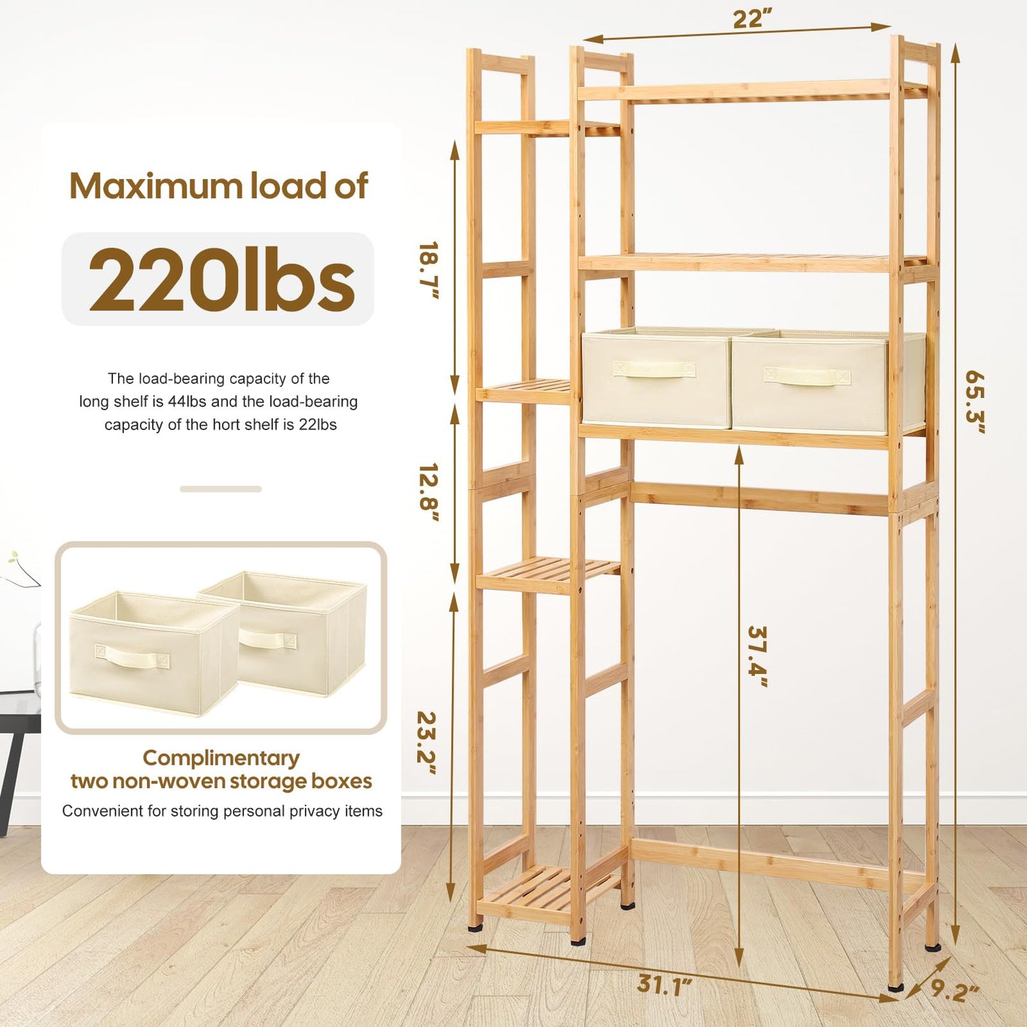 Homde Bamboo Over The Toilet Storage Rack with Adjustable Shelves and Baskets - WoodArtSupply