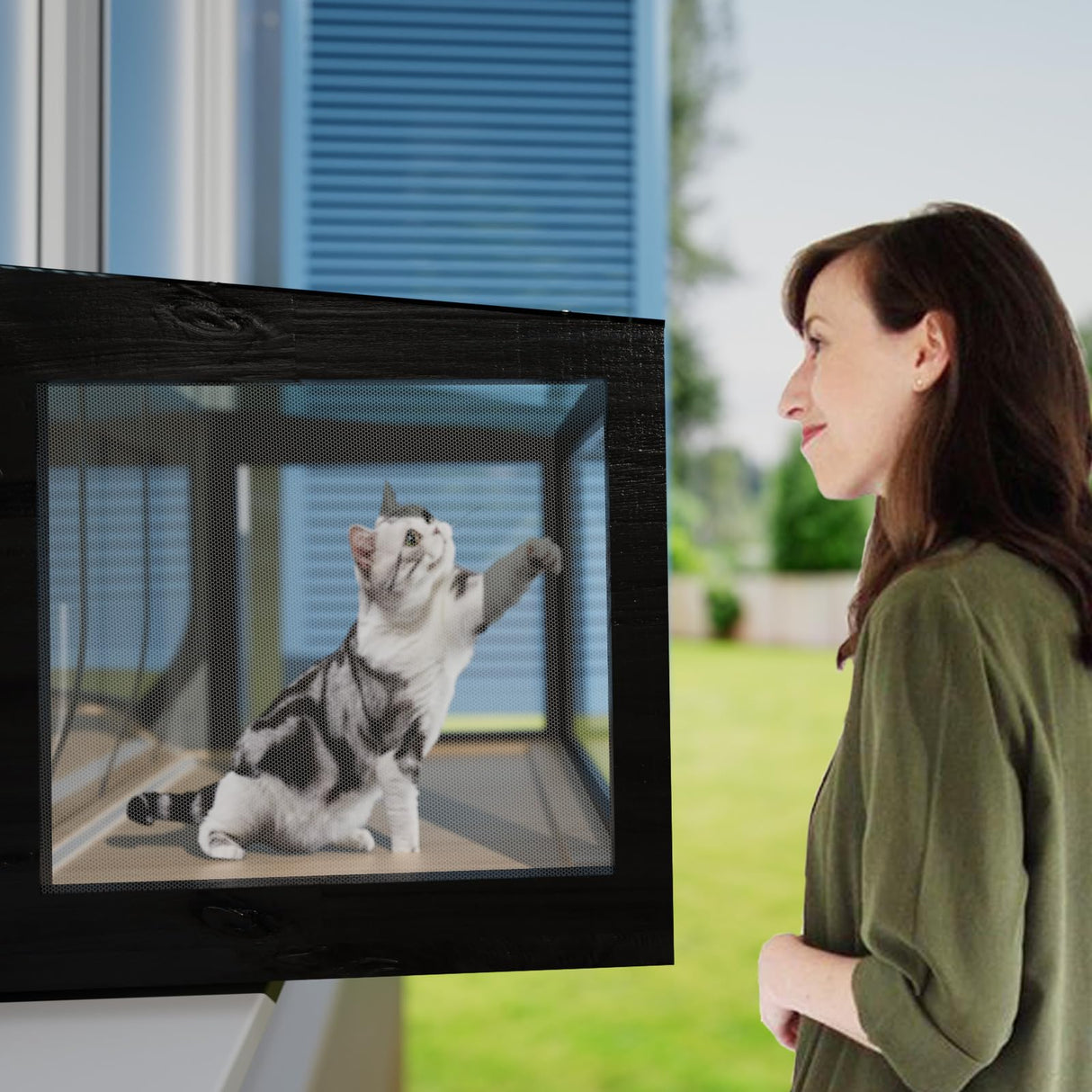 FunXplore Cat Window Box Catio Outdoor Cat Enclosure Cat Window Perch with Side Bug-Proof Wire Grid Fits Double Hung Frames 25.4" to 43.3" Wide, Sunbathing Napping Overlooking FunXplore