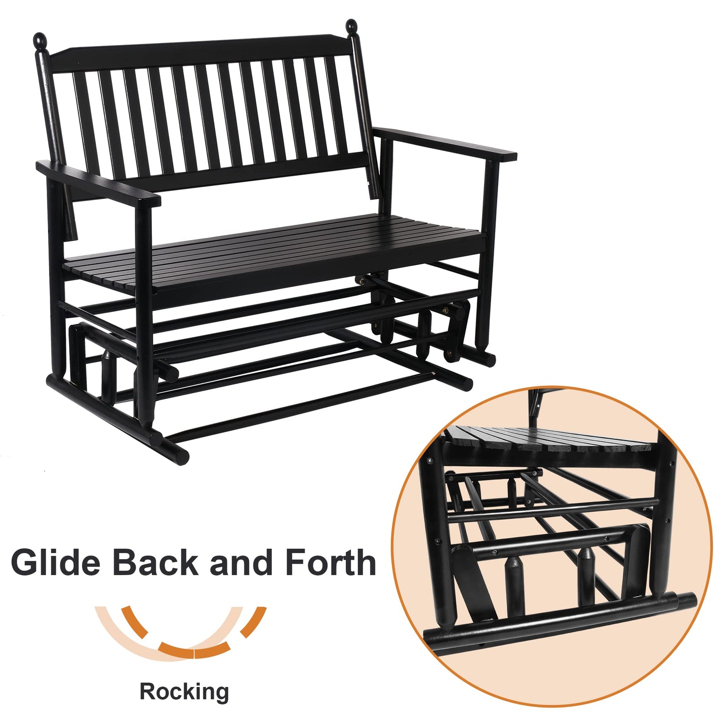 Fadidio Patio Glider Bench Outdoor, Porch Swing Glider for Outside, Wooden 2-Person Loveseat Rocking Bench Funiture, Black Gliders - WoodArtSupply