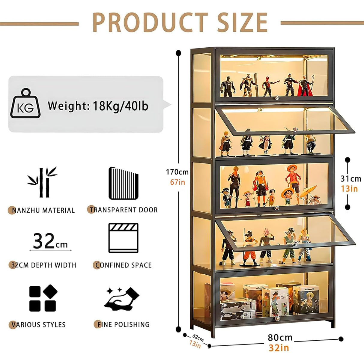 TVMCNA 67" Display Cabinet, Curio Display Cabinet with Door and 4 Adjustable Shelves, Large Capacity Storage Cabinet Collectibles Toy Display Case for Living Room TVMCNA