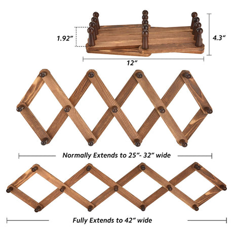 Homode Vintage Wood Expandable Peg Rack- Multi-Purpose Accordion Wall Hangers with 13 Hooks for Hats, Coat, Mugs, Scarf, Jewelry Storage Homode