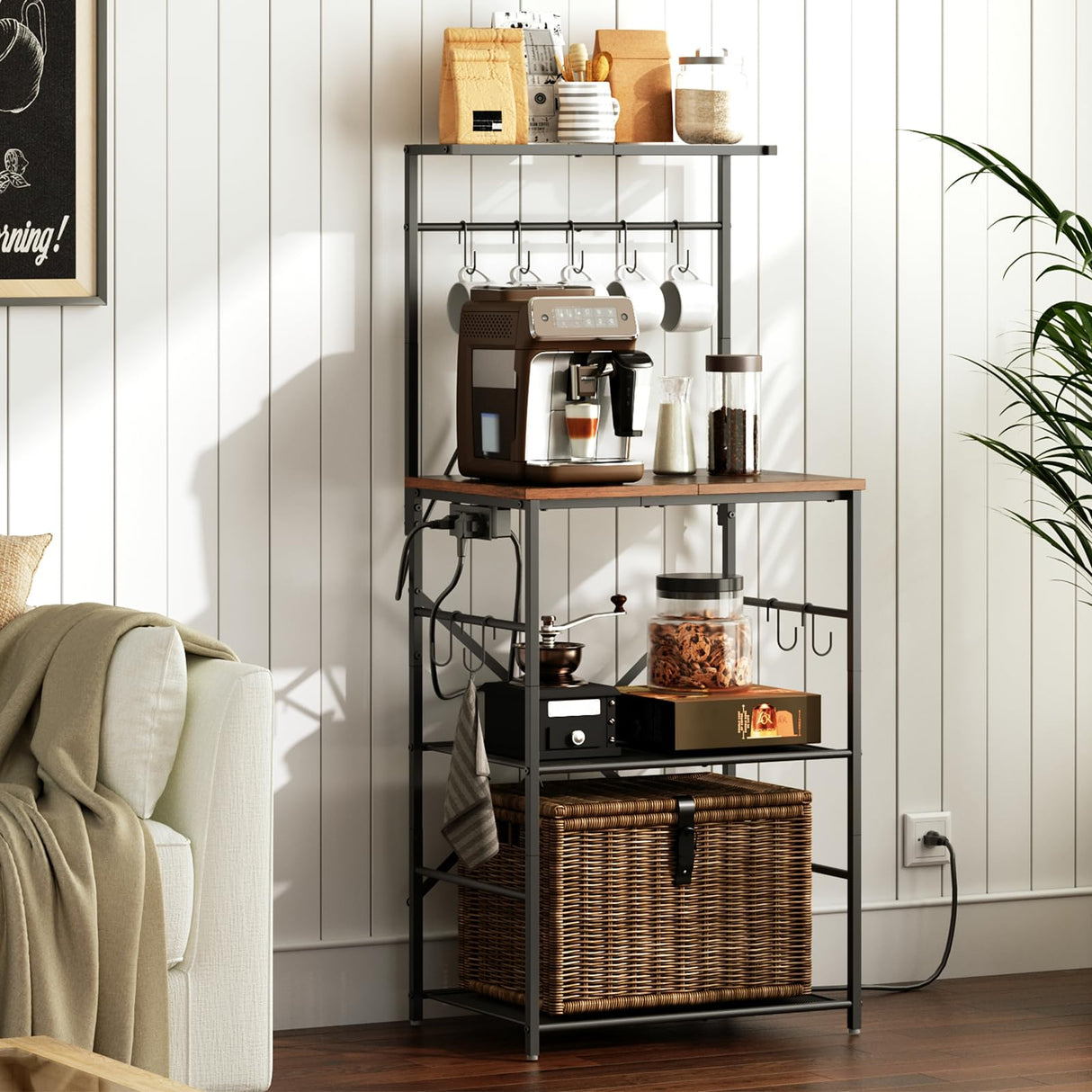 HOOBRO Kitchen Bakers Rack with Power Outlet, 4 Tiers Microwave Oven Stand with Storage, Coffee Bar Table with 9 S-shaped Hooks, Kitchen Storage Shelf Rack, Rustic Brown and Black BF58UHB01 HOOBRO