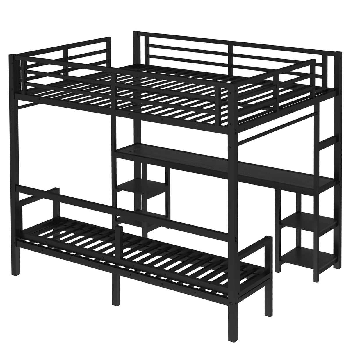 KEIKI Metal Queen Over Twin XL Bunk Bed with Desk & Shelves & USB & LED, Multiple Uses Folds into Sofa - Black KEIKI