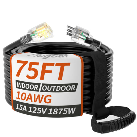 75ft 10/3 Gauge Outdoor Extension Cord Waterproof with Lighted Indicator,10 Gauge SJTW Heavy Duty 15Amp 1875W,3 Prong Cords Flexible Copper Black ETL Listed PlugSaf