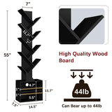 Azaeahom 8 Tier Tree Bookshelf, Wood Bookcase with Storage Cabinet, Modern Tall Narrow Bookshelves Organizer, Floor Standing Book Shelf for Bedroom/Living Room/Home Office/Corner (Black, 8 Tier) Azaeahom