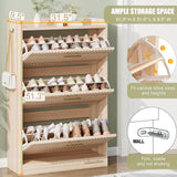 Shoe Cabinet Storage for Entryway Hidden Shoes Storage Cabinet with 3 Flip Drawers, Boho Fluted Shoe Rack Cabinet Large Tall Free Standing Shoe Organizer Cabinet for Foyer, Hallway (Natural Wood) Jocoevol