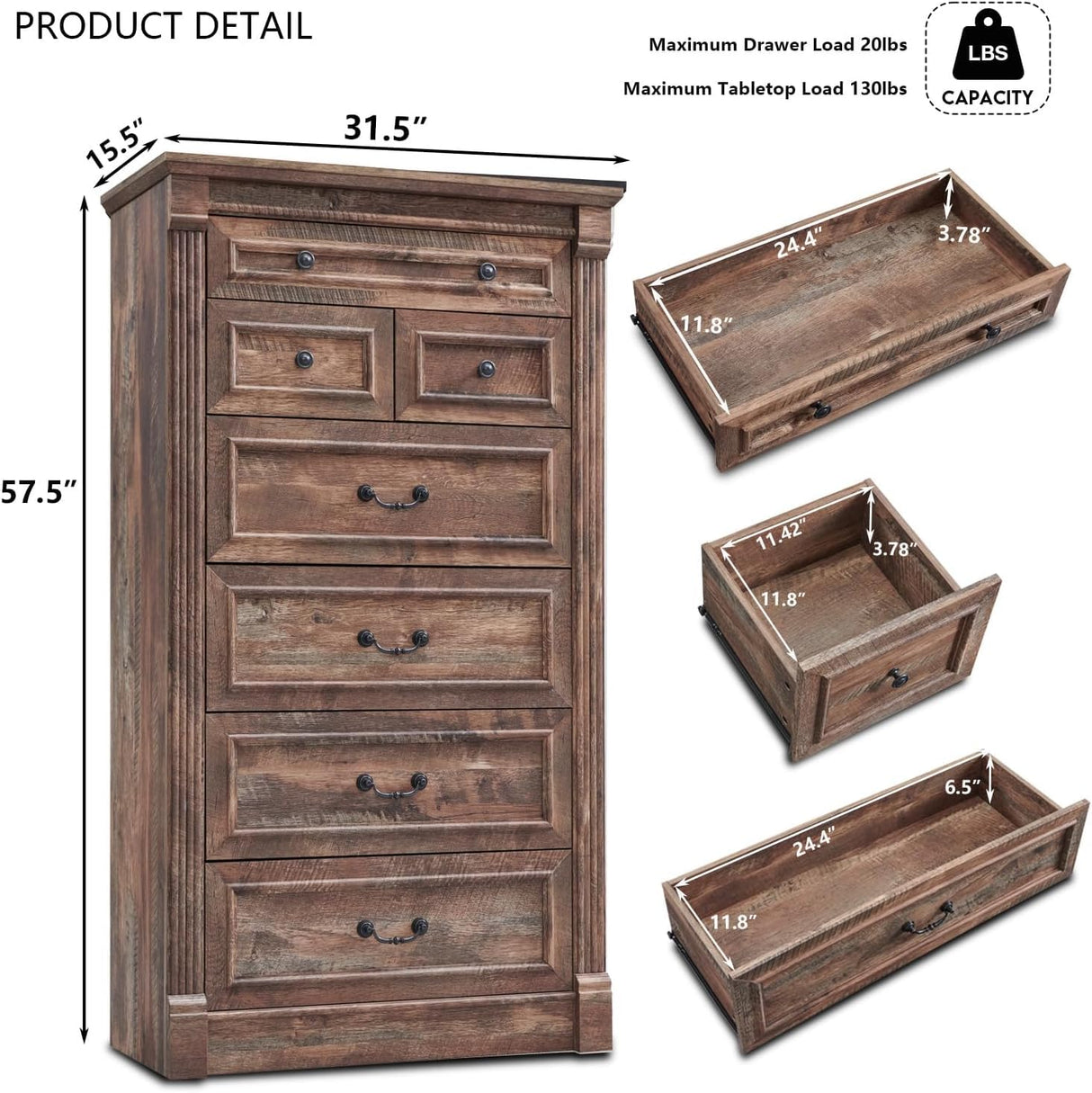 Aitjunz Farmhouse 7 Drawers Dresser for Bedroom, 57" Tall Large Dressers & Chests of Drawers w/Roman Column, Storage Dressers Organizer for Bedroom, Hallway, Living Room, Light Brown Aitjunz