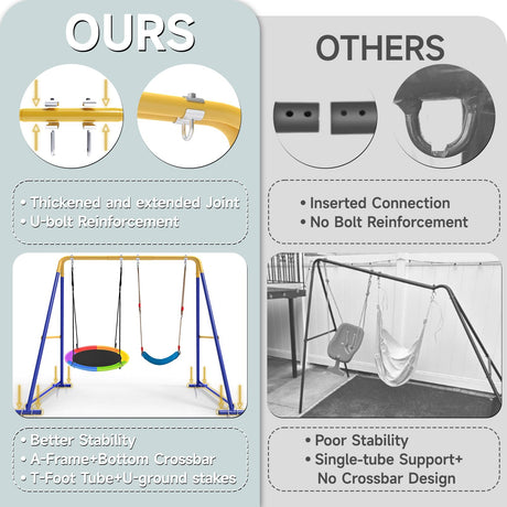 Swing Sets for Backyard, Toddler Swing Set with 2 Seat 1 Saucer & 1 Belt Seat, 440lbs Heavy-Duty Swing Frame w/8 Ground Stakes, A Frame Outdoor Swingset for Kids and Adults for Backyard SkylarkJoy