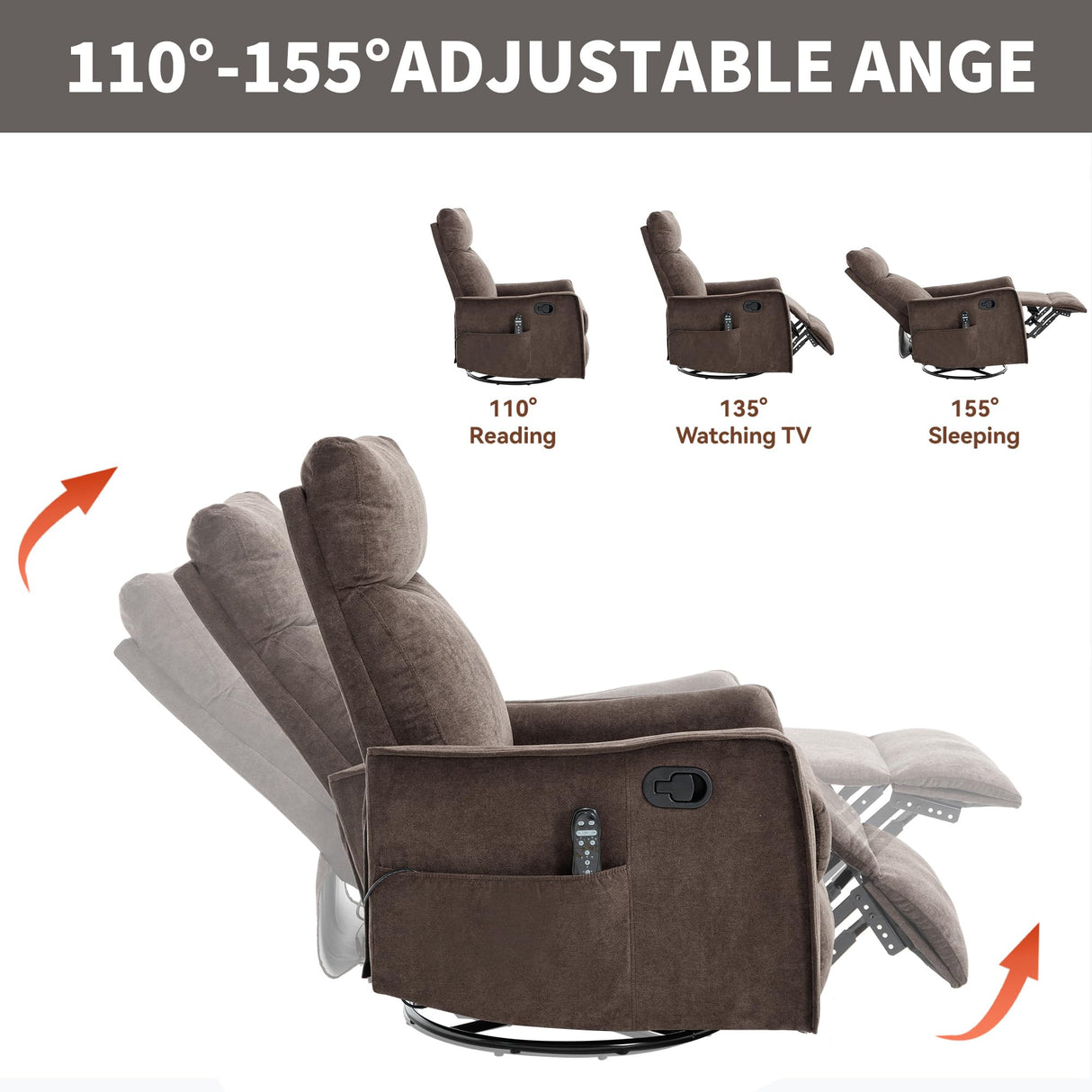 PELUMY Rocker Recliner Chair with Heat Massage - Manual Swivel Recliner for Living Room and Bedroom, 8 Vibration Points, Lumbar Heat, Glider Rocking Chair for Adults (Brown) PELUMY