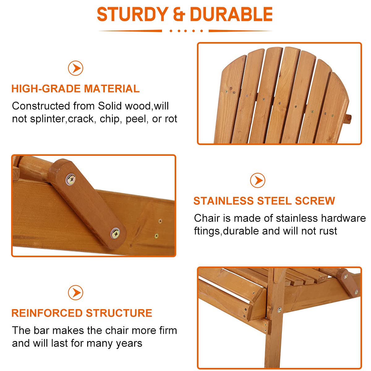 Adirondack Chair Weather Resistant Patio Chairs Folding Outdoor Chair w/Long Arms Solid Wooden Heavy Duty Reclining Fire Pit Chair for Deck, Lawn, Backyard, Garden - Natural Dkelincs