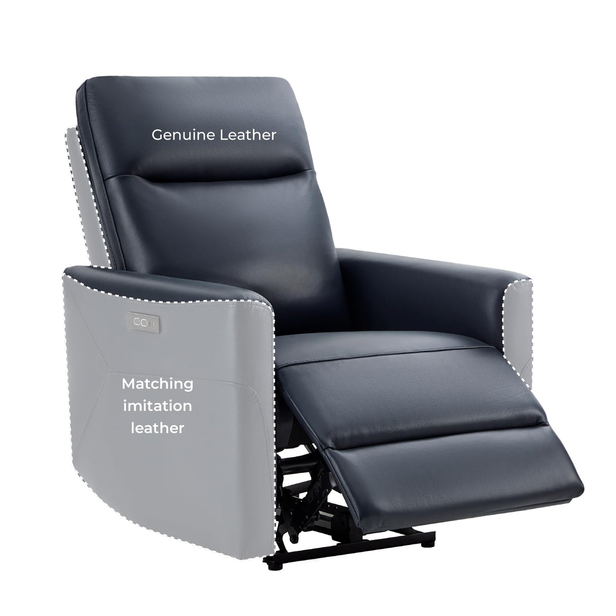 CHITA Genuine Leather Power Recliner Chair for Adults, Electric Wall Hugger Recliner for Small Spaces, Modern Living Room and RV Recliner Chair with Power Headrest & Charging Ports, Dark Blue CHITA