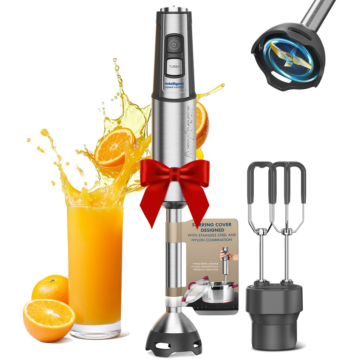 Anybear Immersion Blender, 1100W 2-in-1 Hand Held Blender with Full Copper Motor & Stainless Steel Body, 15 Speed & Turbo Mode Hand Mixer, Blade with Anti-scratch Coating anybear