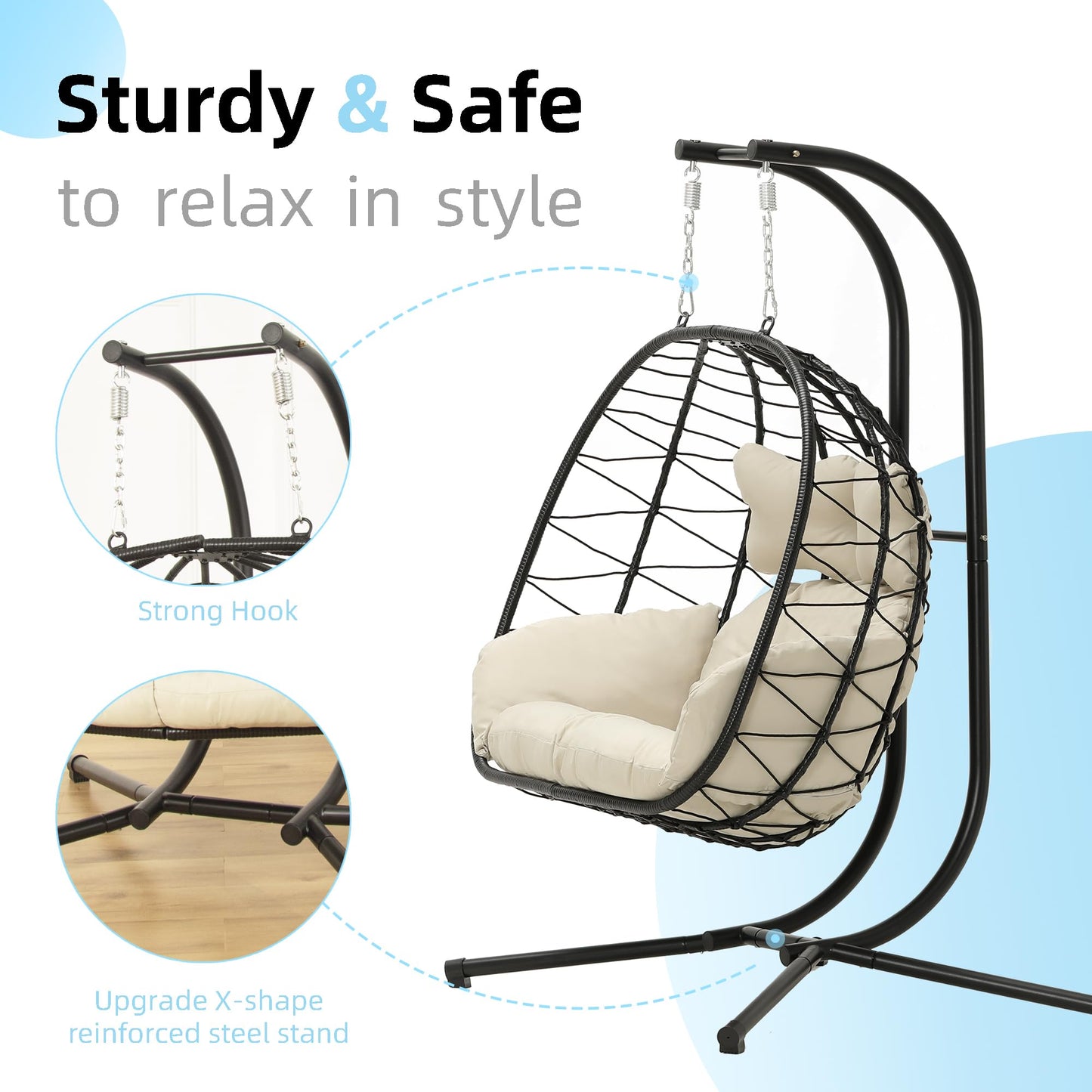 Double Egg Chair wth Stand Hammock Swing Chair Foldable Hanging Loveseat, UV Resistant Removable Cushions, 700LBS Capacity for Bedroom, Balcony, Garden(BK-BE)