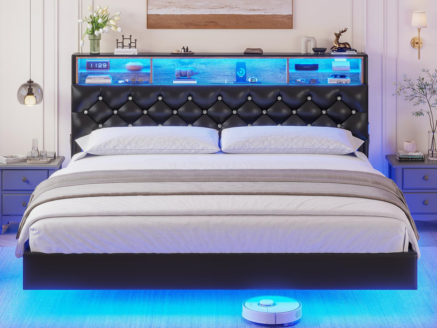 BTHFST King Size Floating Bed Frame with Hidden Storage, LED Lights, and Charging Station - WoodArtSupply