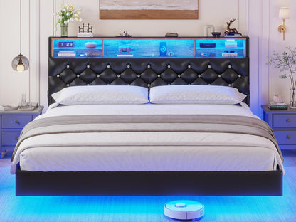 BTHFST King Size Floating Bed Frame with Hidden Storage, LED Lights, and Charging Station - WoodArtSupply