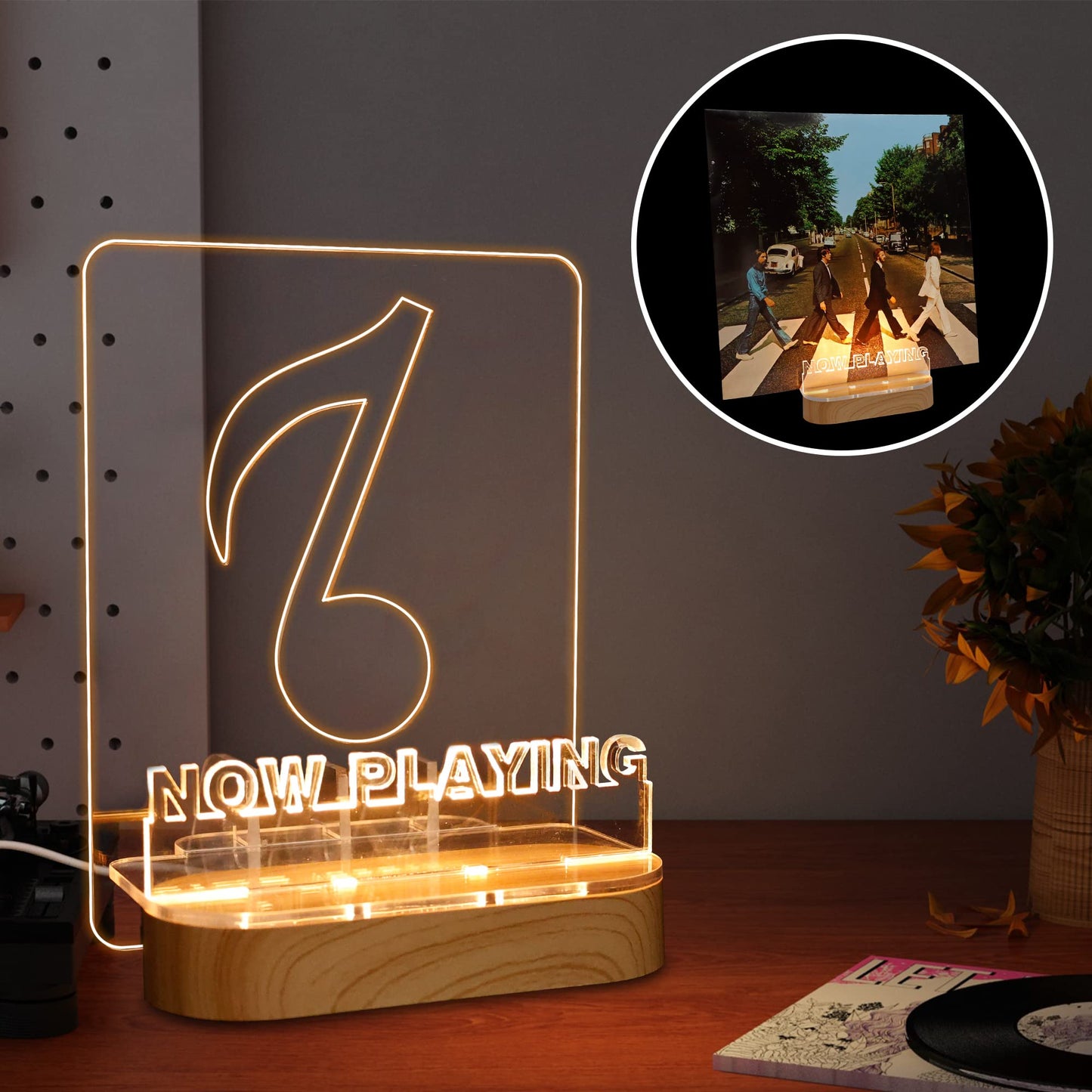 YuanDian Light up Now Playing Vinyl Record Stand, Now Spinning Record Stand, Wooden Acrylic Holder for Vinyl Album Display Storage, Vinyl Record LED Display Storage Collection Holder with USB Powered