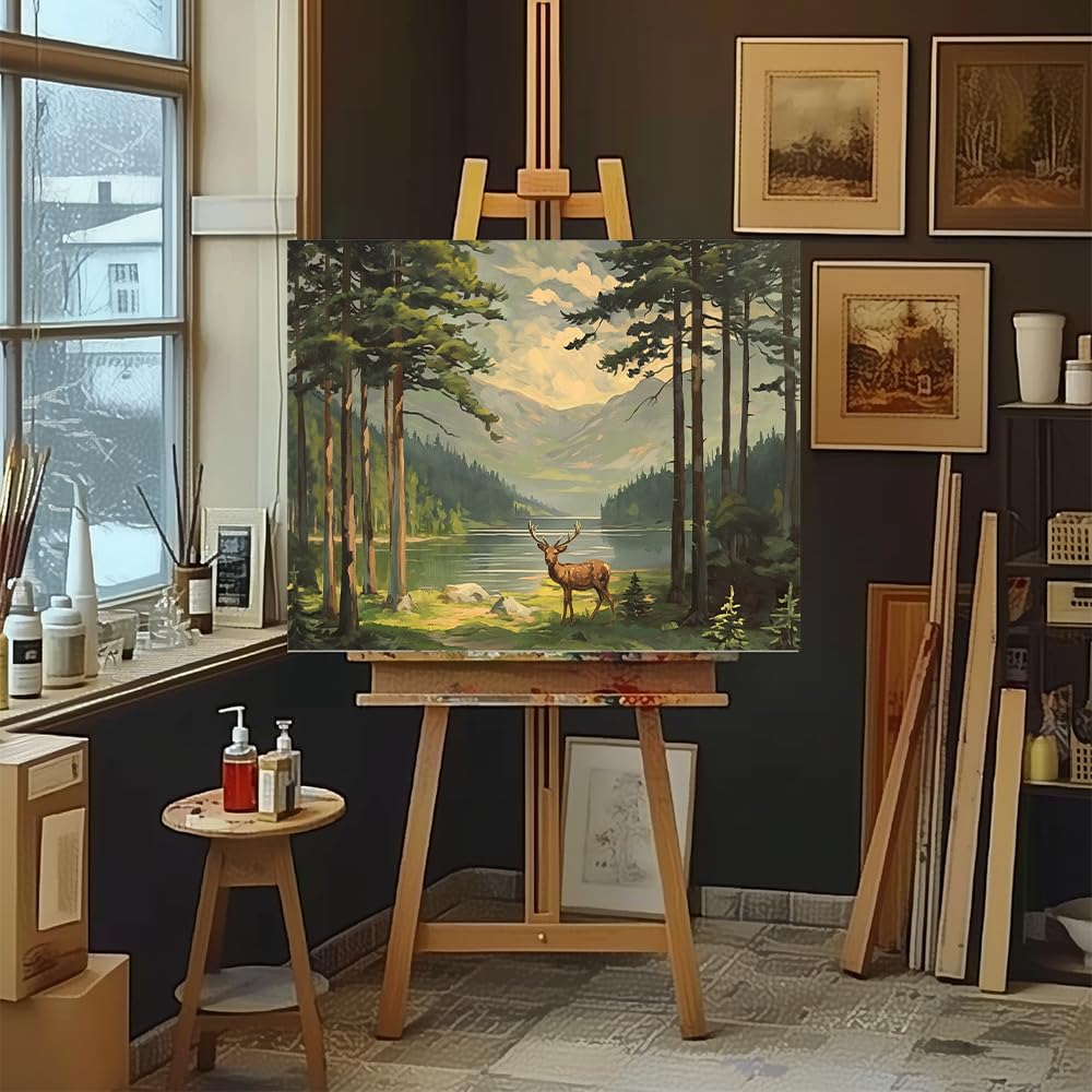 Natuyalo Paint by Numbers for Adults Beginner, Elk in Forest Acrylic Easy Paint by Numbers Kits Natural Landscape Craft Kits for Adults Suitable for Home Wall Decoration Flameless 16x20 Inch Natuyalo