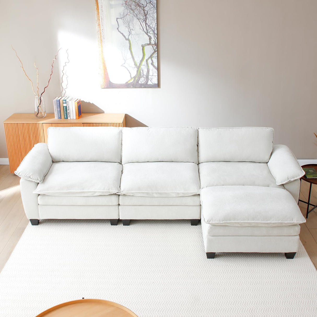 mestyl Comfy Sectional Couch with Ottoman, L Shaped 3 Deep Seat Fluffy Cloud Sofa, 120" Modern Modular Soft Couches Set for Living Room, Chenille, Beige White, MT001 mestyl