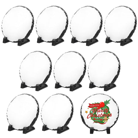 YOUKE OLA 10 Pack Sublimation Slate Blanks with Display Holder, Plaque Rock Stone Customized Picture Memorial Stone Frame, Personalized Photo Gifts for Heat Transfer, 5.9"X5.9" Round YOUKE OLA