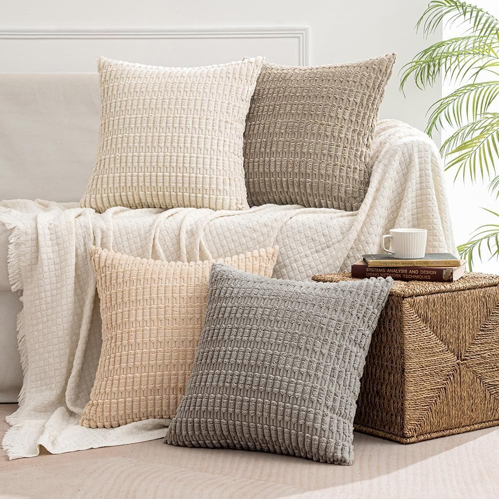 MIULEE Pack of 4 Neutral Corduroy Decorative Throw Pillow Covers 18x18 Inch for Sofa Living Room Couch Bed Rustic Farmhouse Boho Soft Striped Pillow Covers Home Decor Beige and Brown MIULEE