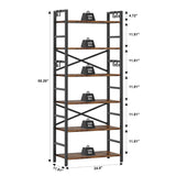 6 Tier Bookshelf, Industrial Bookcase with 8 Hooks, Vintage Storage Rack with Open Shelves, Rustic Standing Bookshelves Metal Frame Display Rack for Living Room, Bedroom, Rustic Brown Homeiju